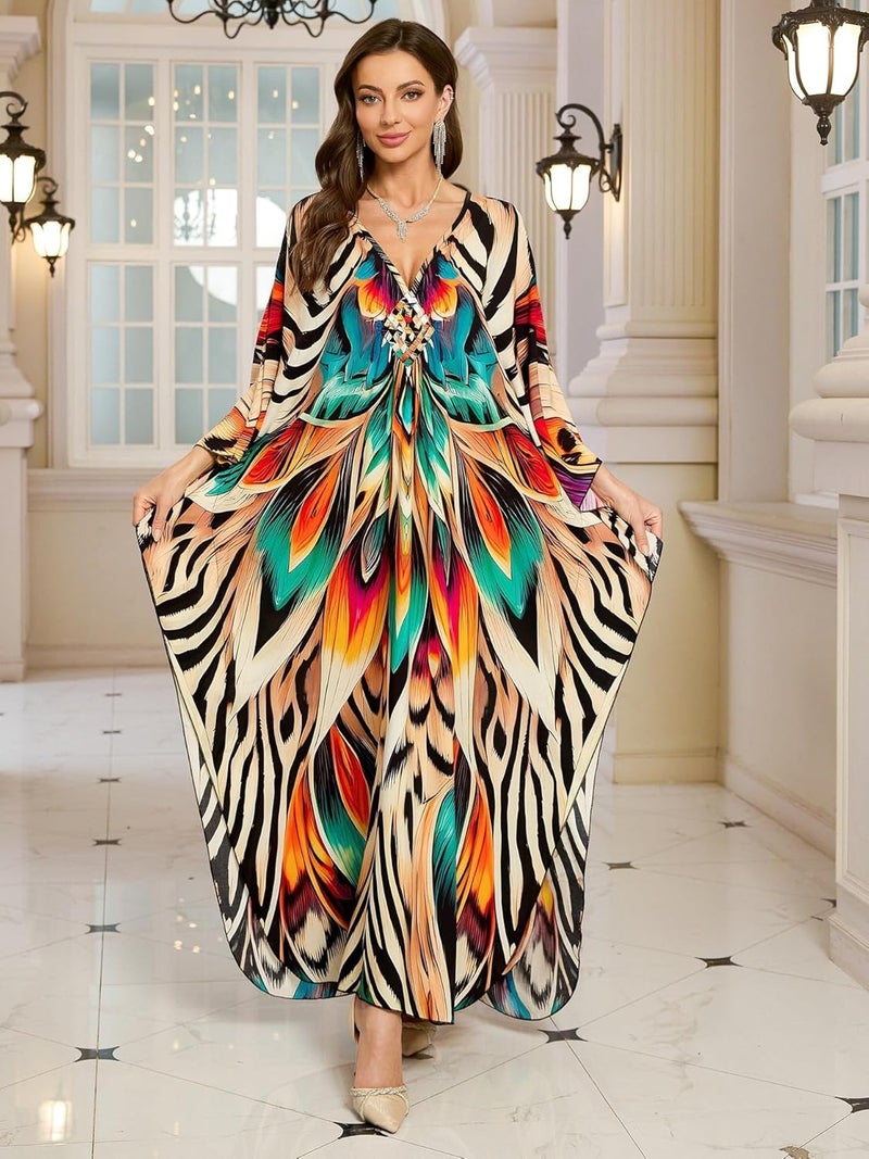 KEYLORTING Women’s Kaftan Beach Cover Up Dress Plus Size Summer Swimsuit Loungewear Maxi Dress - Image 1